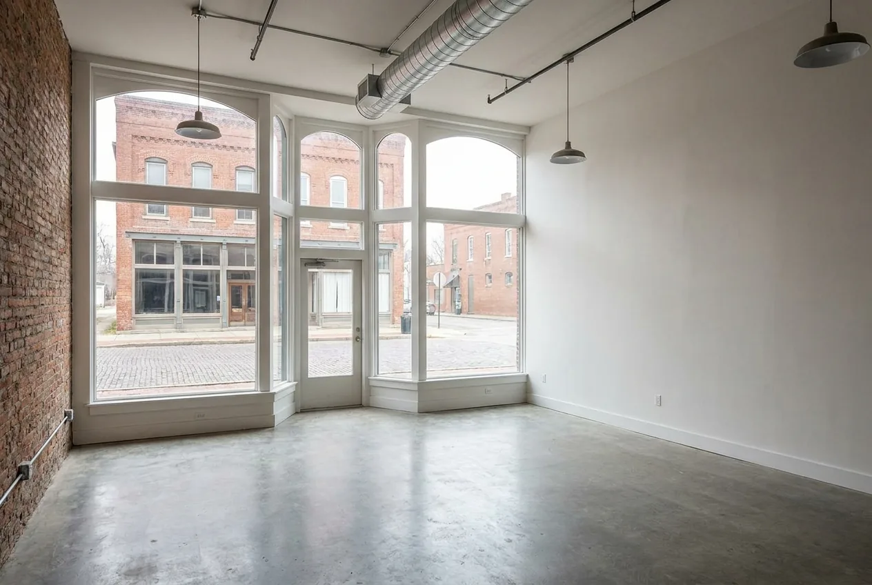 Empty ground-floor commercial space with arched storefront windows, exposed brick and polished concrete, looking out at a historic brick building across the street