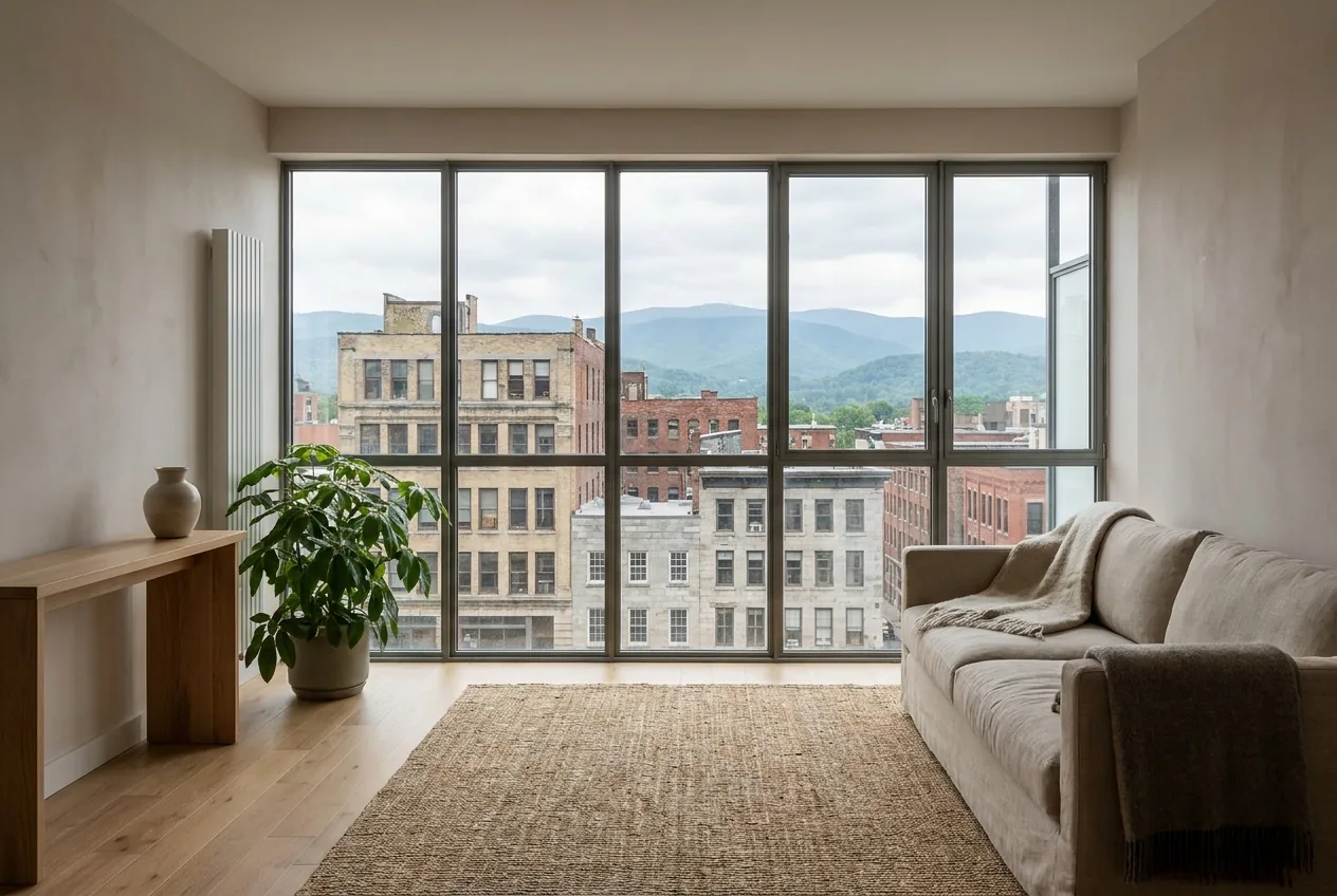 Contemporary condominium living room with full-height windows looking over downtown rooftops toward distant mountain ridges
