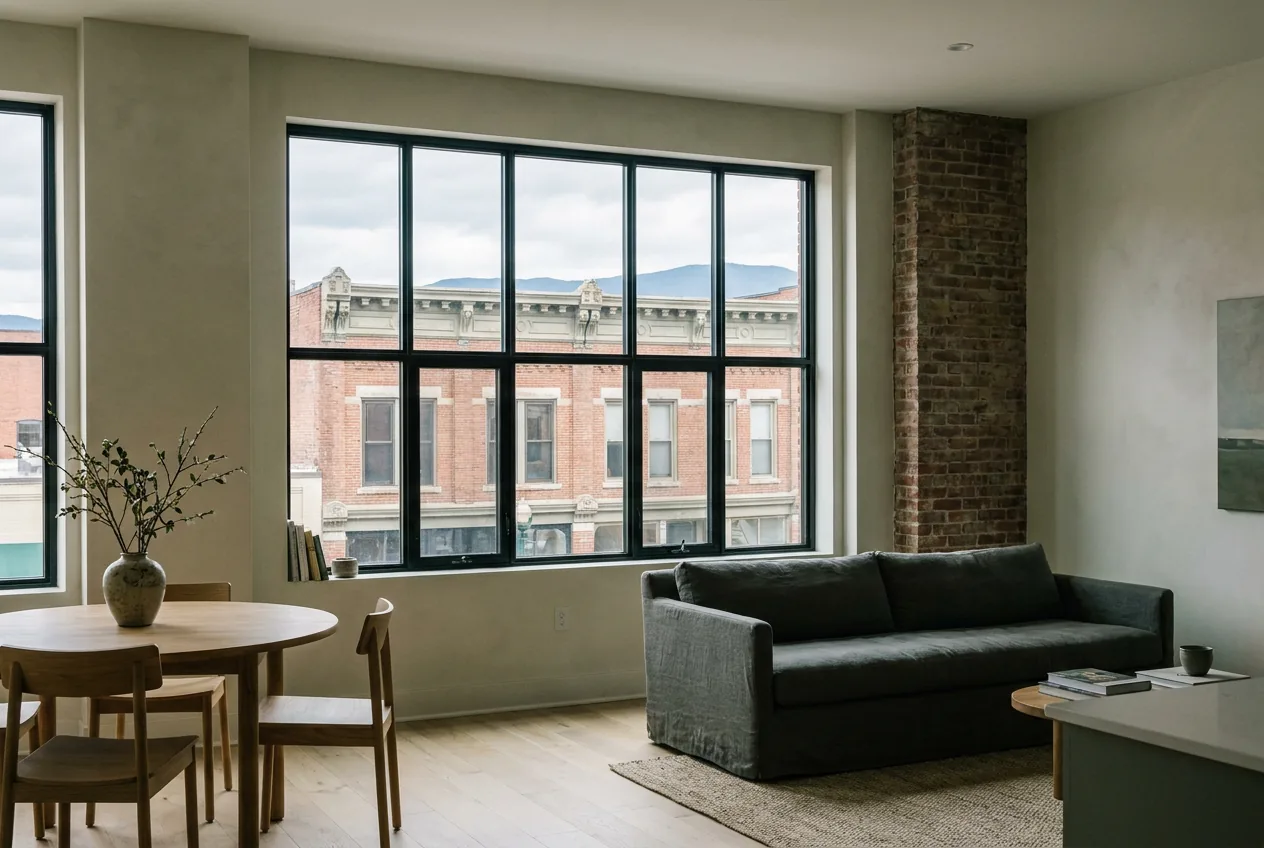 Living space in a converted historic building with steel-framed windows facing an ornate brick facade across the street and an exposed brick pier
