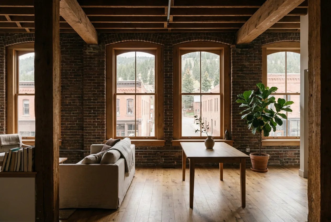 Loft interior with exposed brick walls, heavy timber ceiling beams, tall arched windows and wide-plank wood floors
