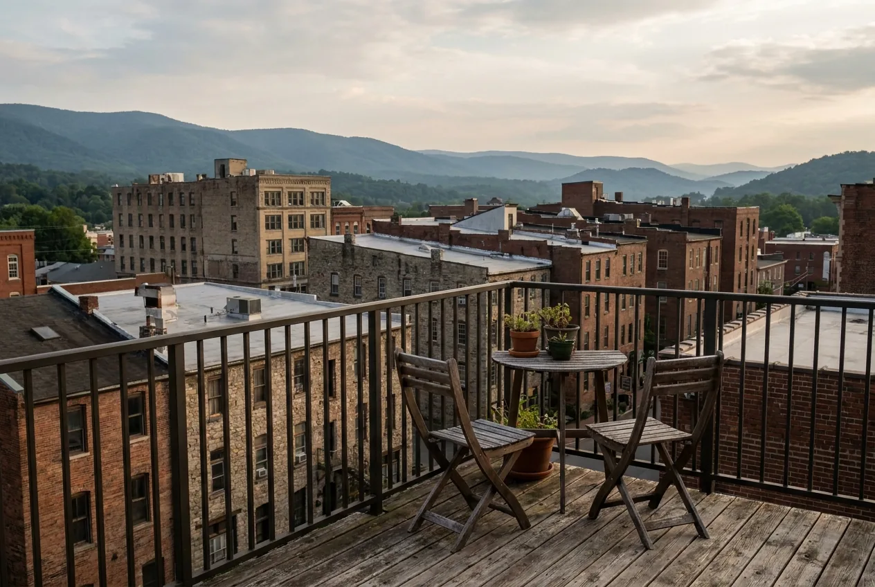 View from a private upper-floor terrace over low downtown rooftops toward layered blue mountain ridges